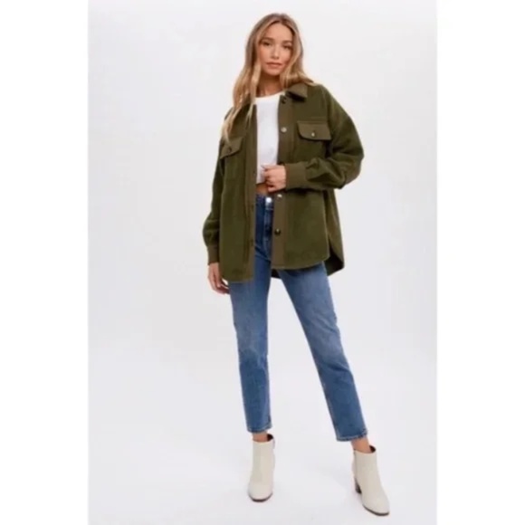 Olive Green Button Front Fleece Jacket W/ Elbow Patches & Pockets Winter Shacket - Picture 5 of 6